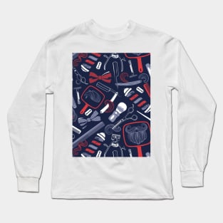 Shear shave shine // pattern // midnight blue background red white and blue vintage barber shop tools Long Sleeve T-Shirt